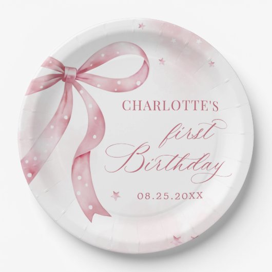 Roze Bow Girl 1e verjaardagsfeestje Papieren Bordje (Voorkant)