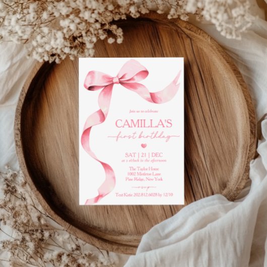 Roze Bow Girl Eerste Verjaardag Uitnodiging