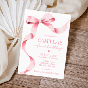 Roze Bow Girl Eerste Verjaardag Uitnodiging