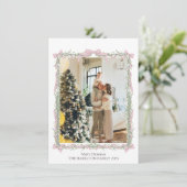 Roze Bow Groene Garland Gingham Kerstmis Foto Feestdagenkaart (Staand voorkant)