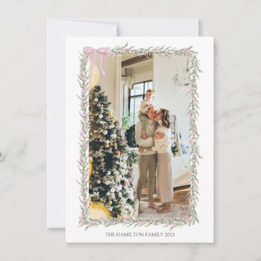 Roze Bow Groene Garland Kerstfoto Feestdagenkaart (Voorkant)