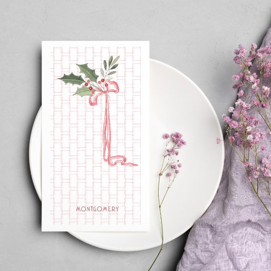 Roze Bow Holly Berry Kerstmis Gastenhanddoek Servet