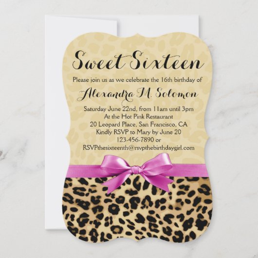 Roze Bow Leopard Sweet 16 Party Invitation Kaart (Voorkant)