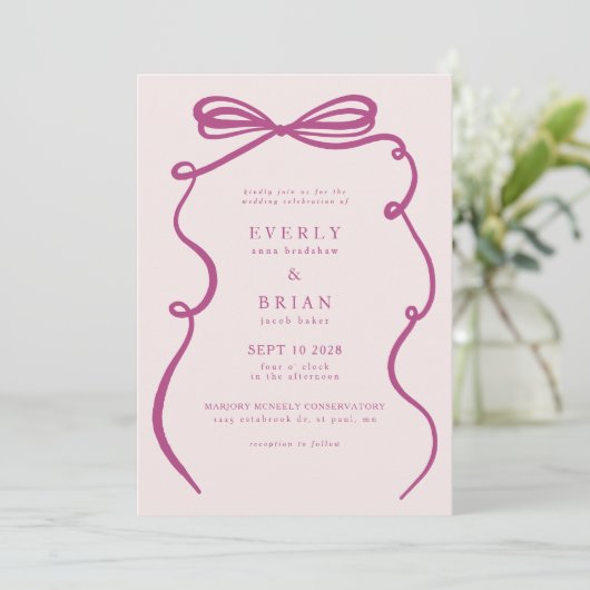 Roze Bow Lijst bruiloft Kaart (Staand voorkant)