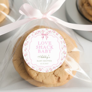 Roze Bow Love Shack Meisje Baby shower Ronde Sticker