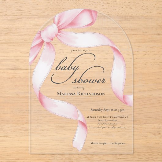 Roze Bow Meisje Baby shower Acryl Uitnodigingen (Voorkant)