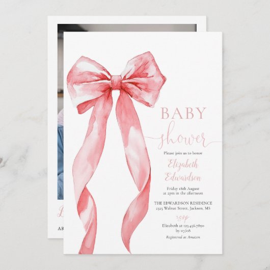 Roze Bow Meisje Baby shower Foto QR Code Kaart (Voorkant / Achterkant)