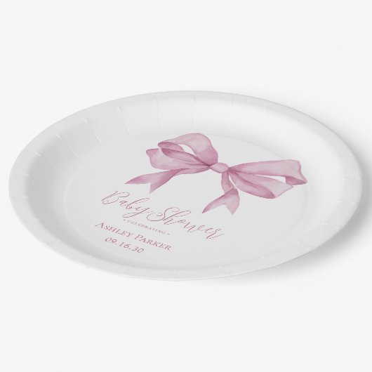 Roze Bow Meisje Baby shower Papieren Bordje (Gekanteld)