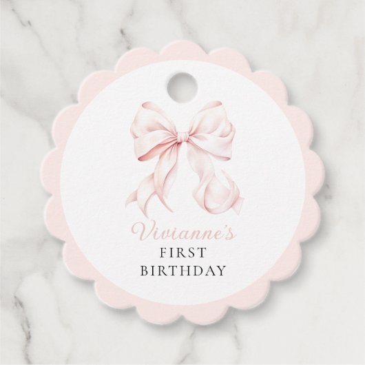 Roze Bow Meisje Eerste Verjaardag Bedankjes Labels (Voorkant)