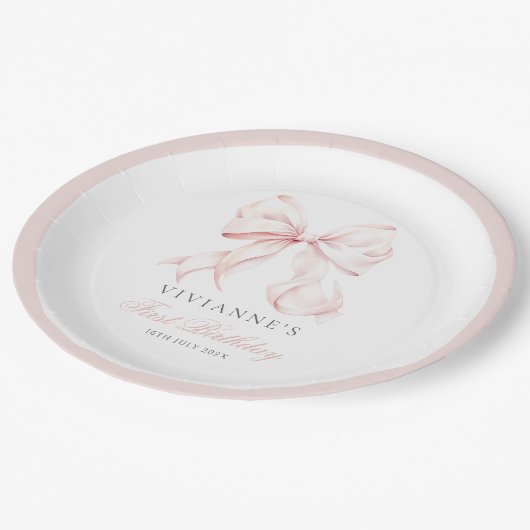 Roze Bow Meisje Eerste Verjaardag Papieren Bordje (Gekanteld)