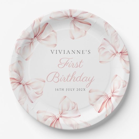Roze Bow Meisje Eerste Verjaardag Papieren Bordje (Voorkant)