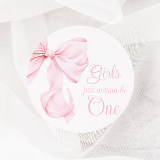 Roze Bow Meisje Eerste Verjaardag Ronde Sticker