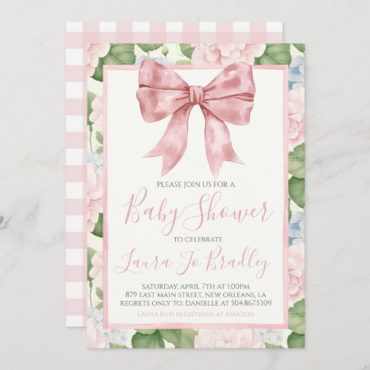 Roze Bow Meisje Preppy Southern Baby shower Kaart (Voorkant / Achterkant)