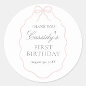 Roze Bow Meisje Verjaardag Ronde Sticker (Voorkant)