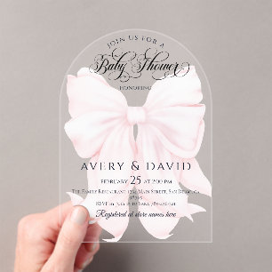 Roze Bow Modern Elegant Meisje Baby shower Acryl Uitnodigingen