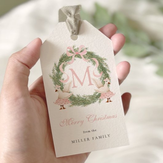 Roze Bow Monogram Crest Kerstmis Cadeaulabel