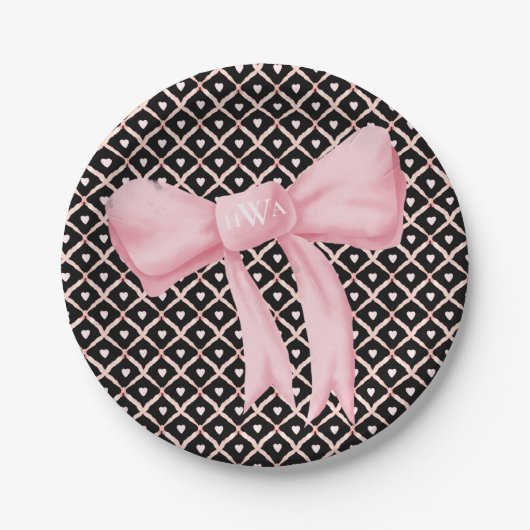 Roze Bow Monogram Hart Papieren Bordje (Voorkant)