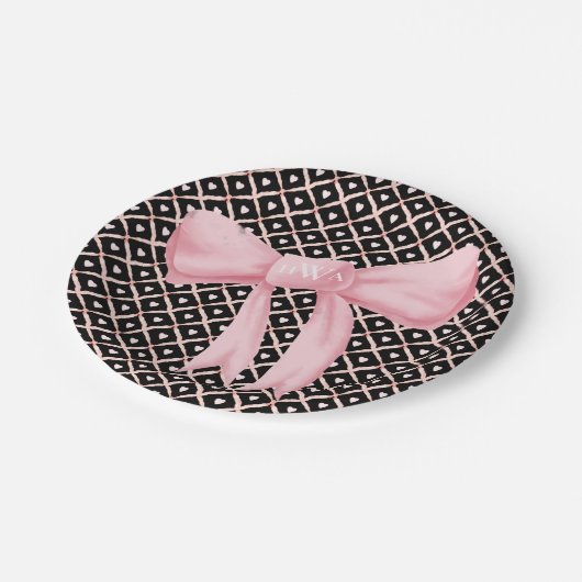 Roze Bow Monogram Hart Papieren Bordje (Gekanteld)