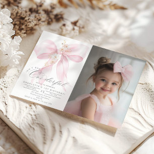 Roze Bow Onederful meisje 1e verjaardag Foto Kaart