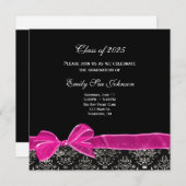Roze Bow op Damask voor Afstuderen Invitation Kaart (Voorkant / Achterkant)