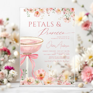 Roze Bow Petals & Prosecco Blush Vrijgezellenfeest Acryl Uitnodigingen