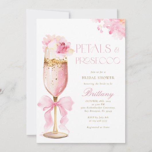 Roze Bow Petals Prosecco Bruids Douche Uitnodiging (Voorkant)