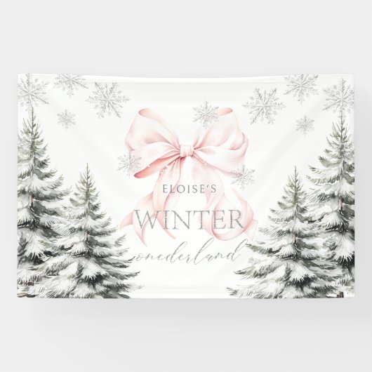Roze Bow Pine Trees Winter Onederland 1e verjaarda Spandoek (Horizontaal)