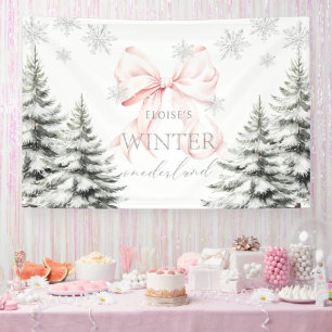 Roze Bow Pine Trees Winter Onederland 1e verjaarda Spandoek
