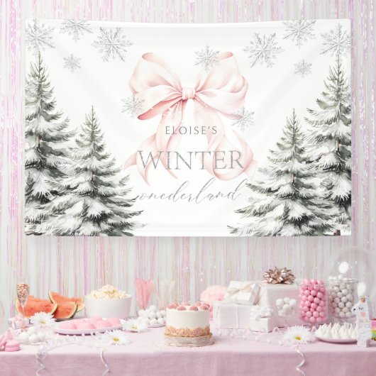 Roze Bow Pine Trees Winter Onederland 1e verjaarda Spandoek (Feest)
