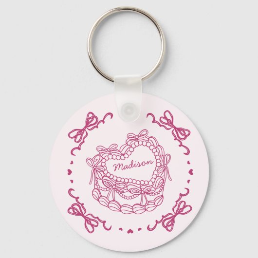 Roze Bow Retro Hart Coquette Cake Favorieten Sleutelhanger (Voorkant)