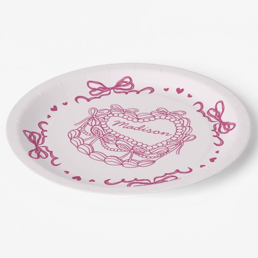 Roze Bow Retro Hart Coquette Cake Gepersonaliseerd Papieren Bordje (Gekanteld)