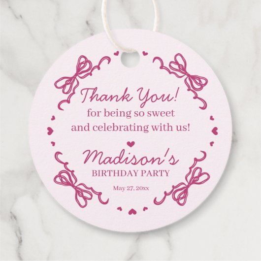 Roze Bow Retro Hart Coquette Taart Verjaardag Bedankjes Labels (Achterkant)