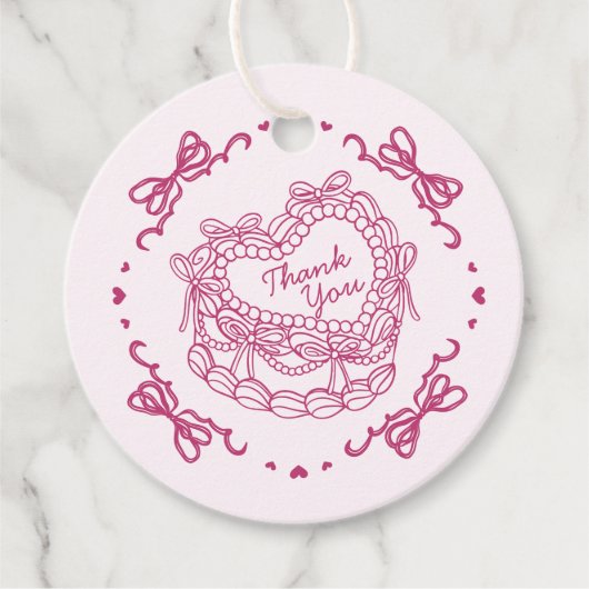 Roze Bow Retro Hart Coquette Taart Verjaardag Bedankjes Labels (Voorkant)