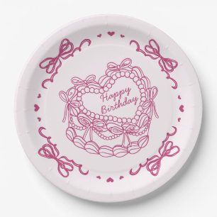 Roze Bow Retro Hart Coquette Taart Verjaardag Papieren Bordje