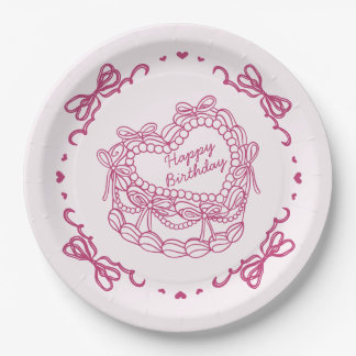 Roze Bow Retro Hart Coquette Taart Verjaardag Papieren Bordje