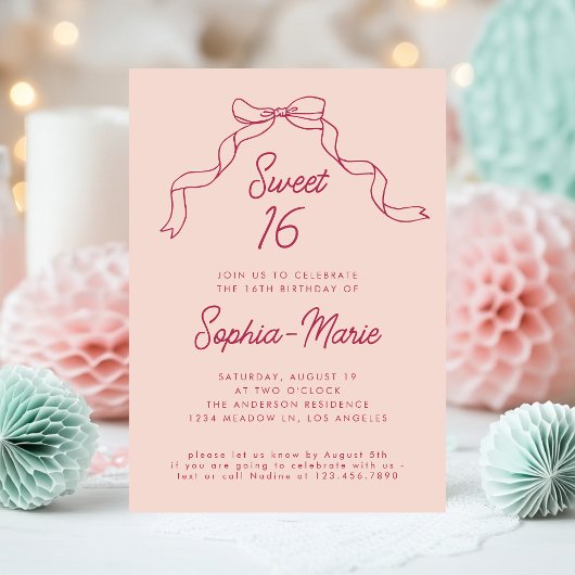 Roze Bow Ribbon Modern Sweet 16 Verjaardag Kaart