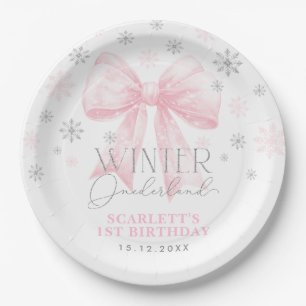 Roze Bow Ribbon Zilveren Winter Onederland Verjaar Papieren Bordje