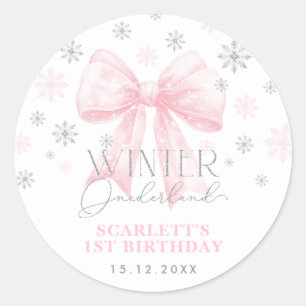 Roze Bow Ribbon Zilveren Winter Onederland Verjaar Ronde Sticker