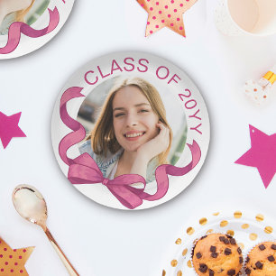Roze Bow Ronde Foto Jaar Afstuderen Papieren Bordje