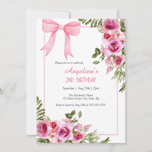 Roze Bow Roos Bloemen Greenery Meisjes Verjaardag Kaart (Voorkant)