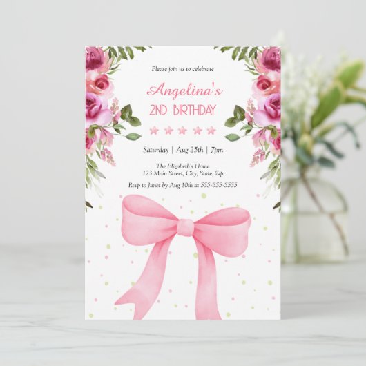 Roze Bow Roos Bloemen Polka Dots Verjaardag Kaart (Staand voorkant)