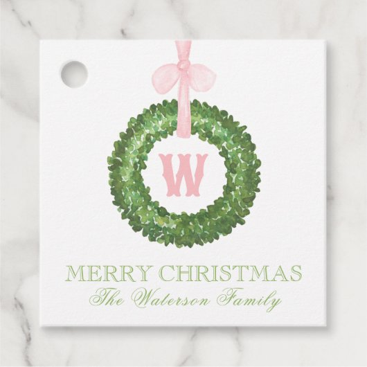 Roze Bow Sash Kerst Monogram Krans Behuizing Bedankjes Labels (Voorkant)
