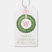 Roze Bow Sash Kerst Monogram Krans Behuizing Cadeaulabel (Voorkant)