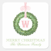 Roze Bow Sash Kerst Monogram Krans Behuizing Vierkante Sticker (Voorkant)
