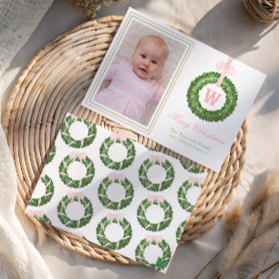 Roze Bow Sash Kerst Monogram Krans Feestdagenkaart