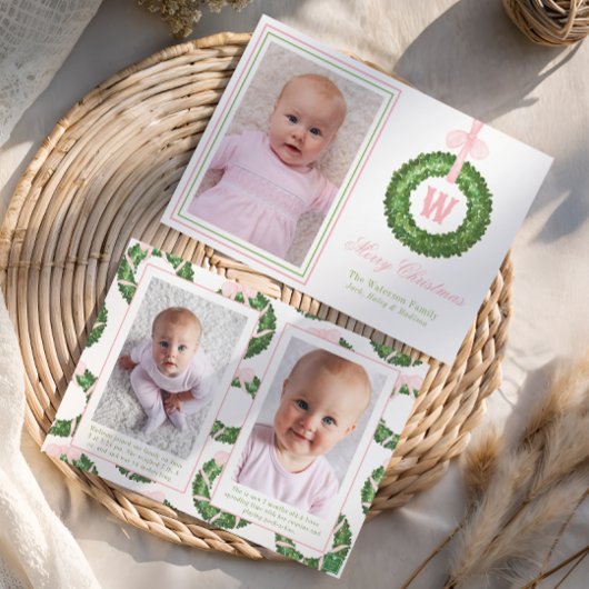 Roze Bow Sash Kerst Monogram Krans Feestdagenkaart