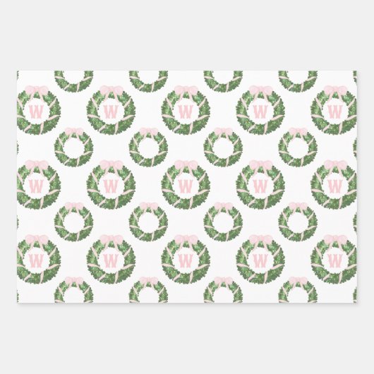 Roze Bow Sash Kerst Monogram Krans Inpakpapier Vel (Voorkant)