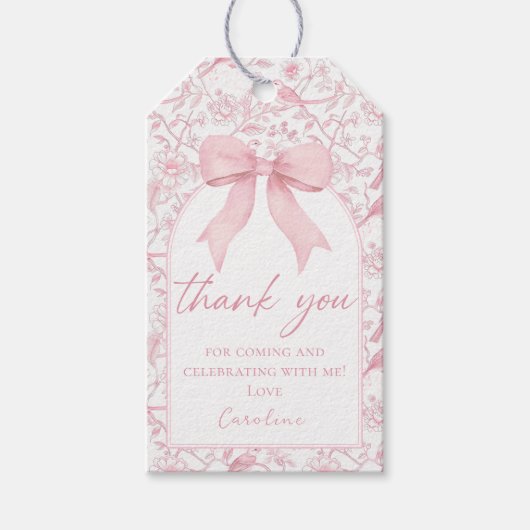 Roze Bow Toile Bloemen Verjaardag Gift Labels Cadeaulabel (Voorkant)