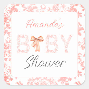 Roze Bow Toile de Jouy Floral Baby shower Vierkante Sticker