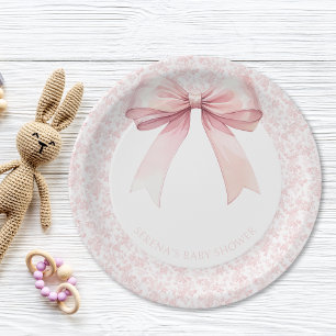 Roze Bow Toile Meisje Baby shower Papieren Borden Bordje
